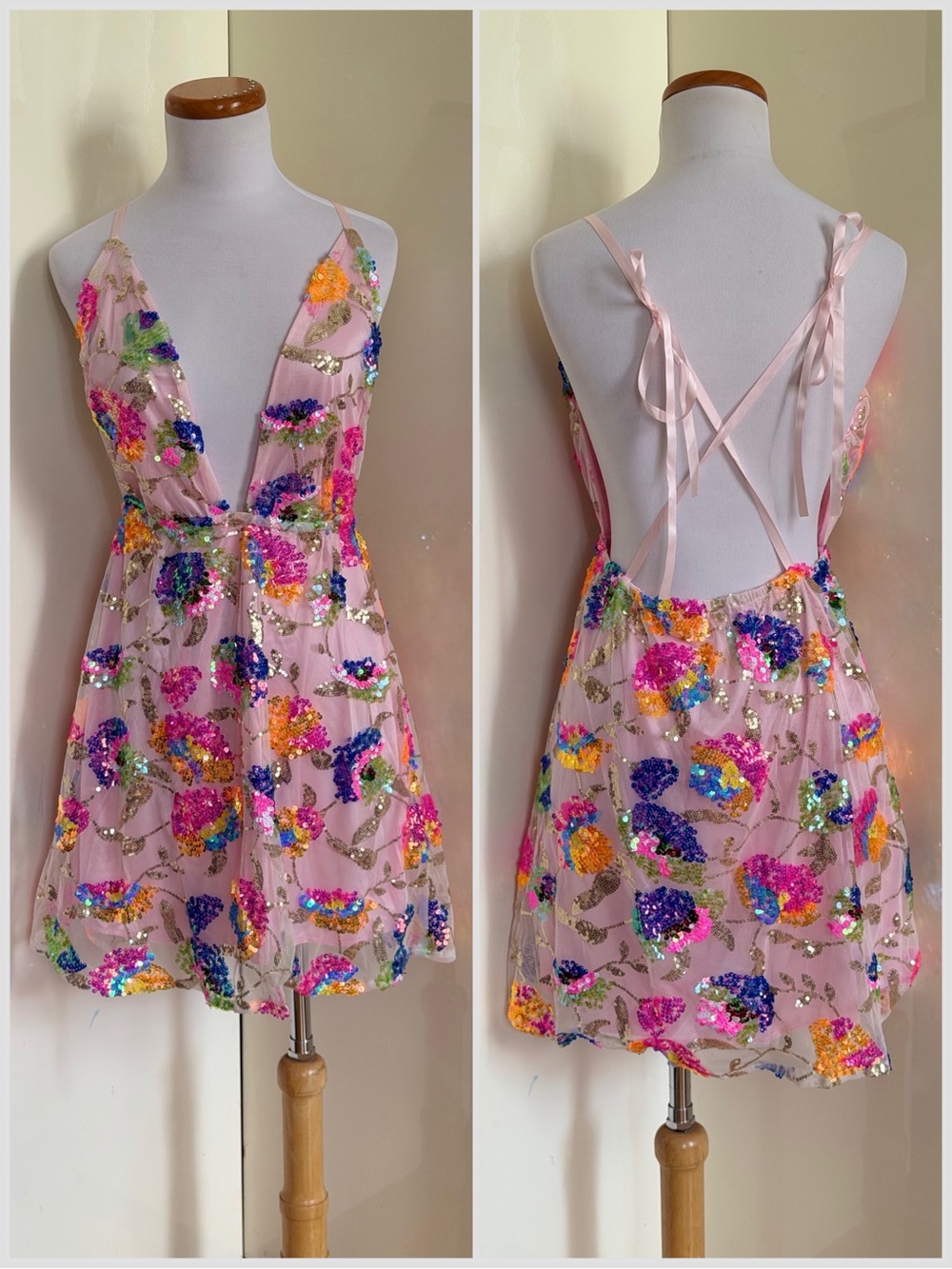 Boutique V Neck Open Back Sequined Floral Tie A Line Mini Dress sz M - Picture 4 of 12